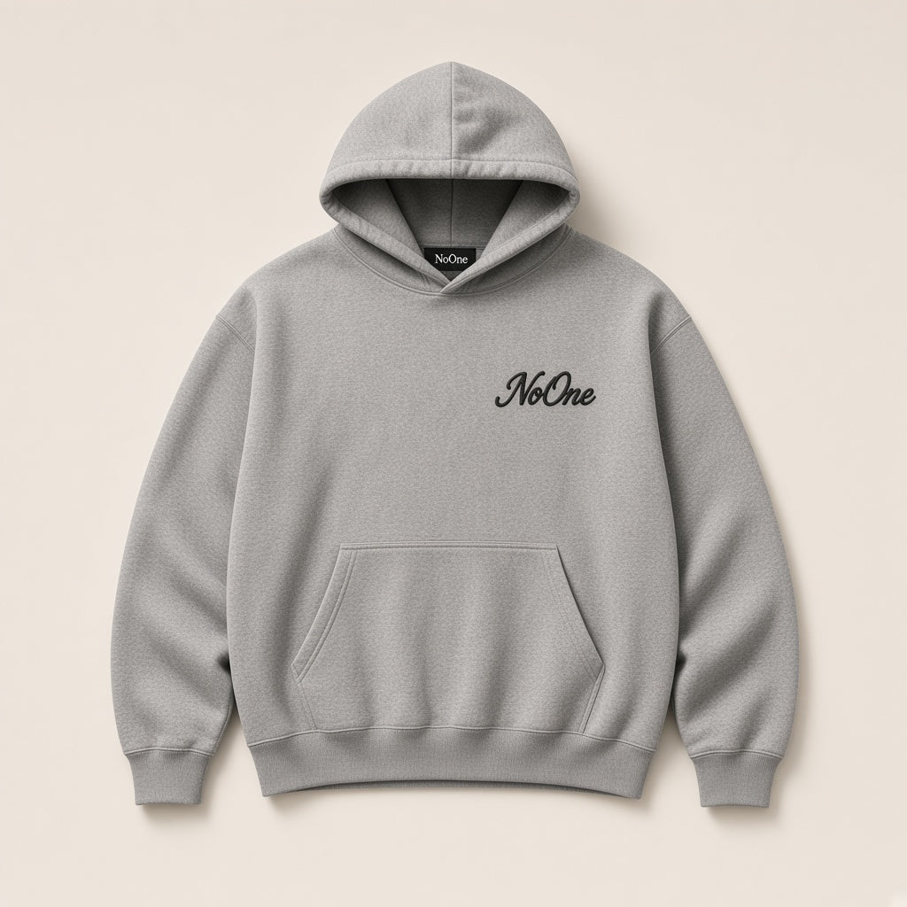 NoOne™ Signature Script Hoodie — 450 GSM Heather Grey