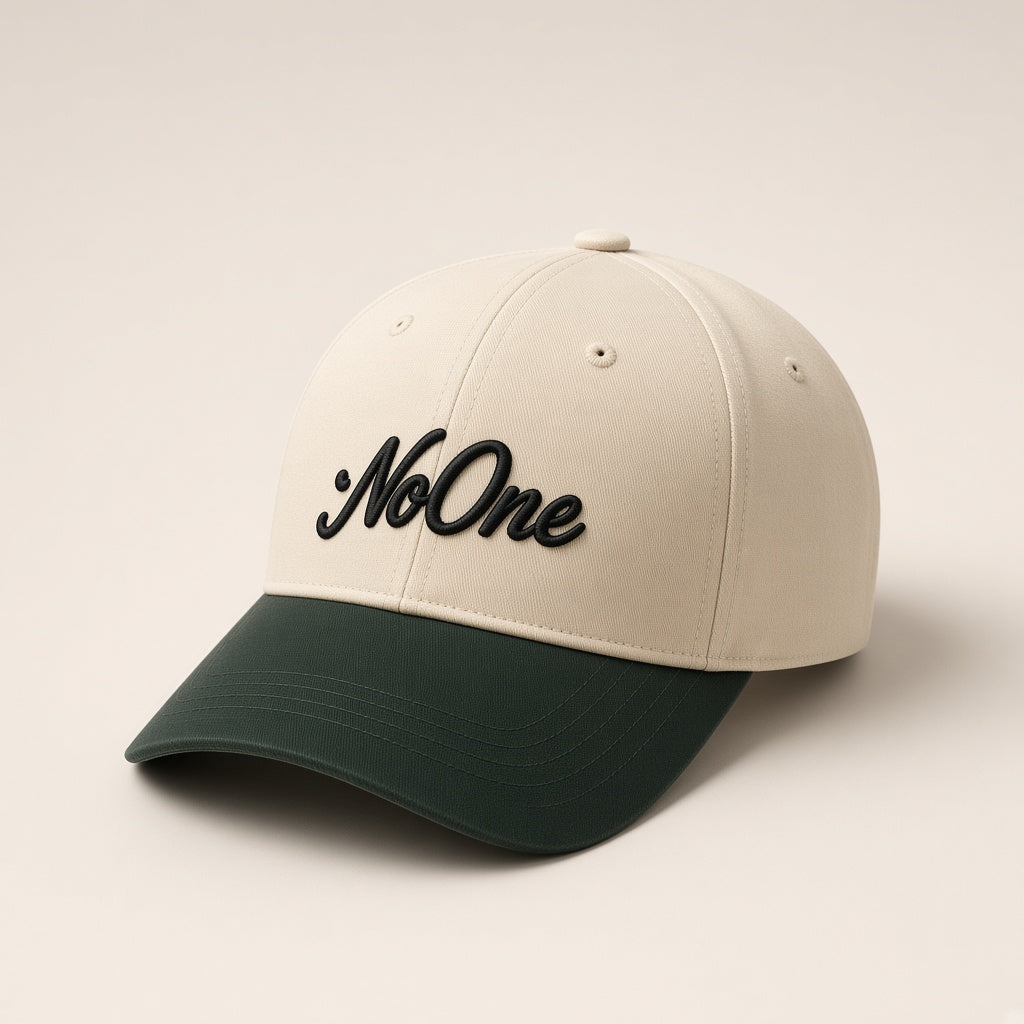 NoOne™ Signature 6-Panel Cap — 3D Puff Embroidery (Vintage Cream & Forest Green)